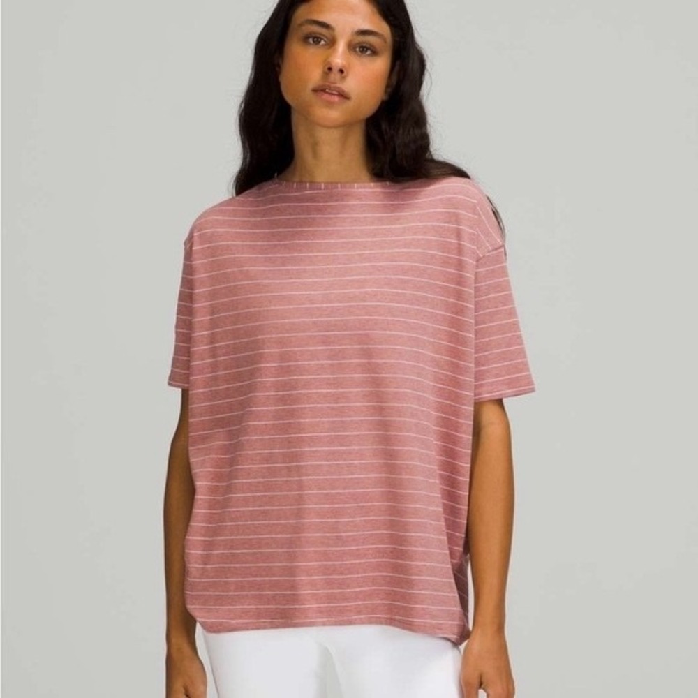 Lululemon‎ Back In Action Short Sleeve Serve Stripe Heathered Spiced Chai White